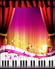 Piano keys with red curtain, butterflies and stars