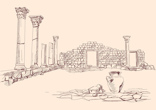 Ruins of temple , archaeology hand drawn