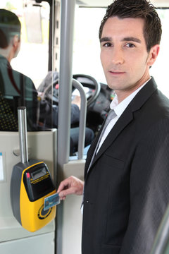 portrait of a man in public transportation