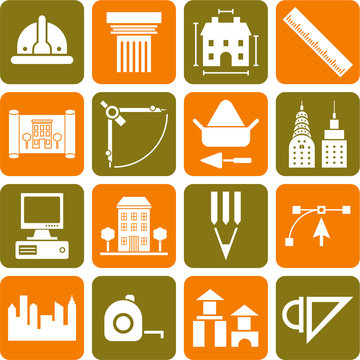 Architecture, construction, buildings and tools icons