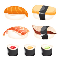 different sushi on a white background