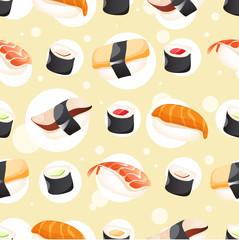 Seamless Pattern with different sushi on yellow background