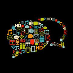 Communication bubbles made from icons. Retro colors on black.