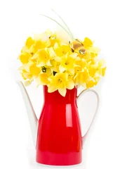 Fotobehang Narcis Beautiful spring flowers and bird in a red teapot  © Forewer