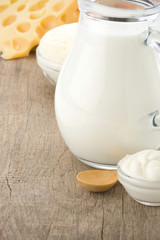 milk products on wood background