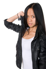Portrait of brunette in a leather jacket.