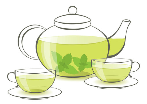 Mint tea in a teapot and cups made from glass