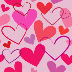 Colorful red hearts seamless vector illustration on pink backgro