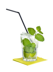 Mojito cocktail, a traditional Cuban highball, a cocktail that consists of five ingredients: white rum, sugar, lime juice, sparkling water and mint. Mint leaves are used to garnish the glass.