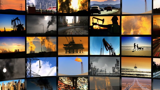 Montage 3D images of fossil fuel produced energy