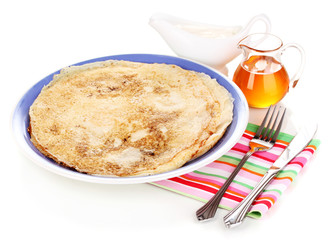 Stack of tasty pancakes isolated on white