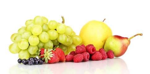 Mix of ripe sweet fruits and berries isolated on white