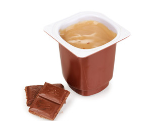 Yogurt with chocolate isolated on white