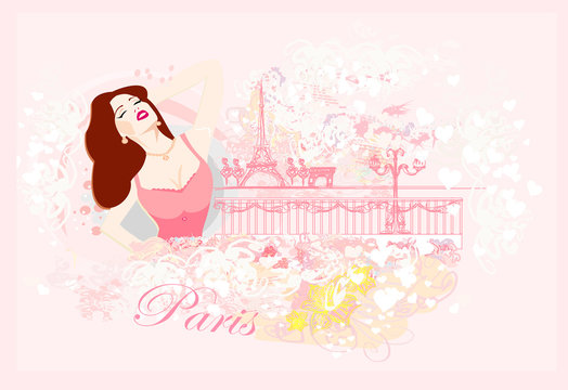 beautiful women Shopping in Paris - vector card