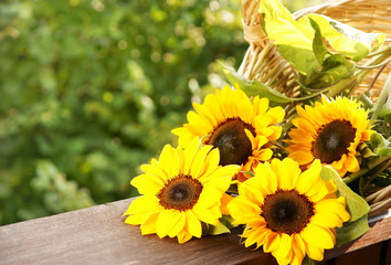 Naklejka premium Sonnenblumen im Korb, sunflowers in basket