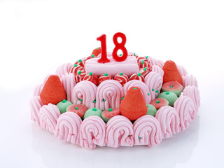 Birthday cake with red candles showing Nr. 18
