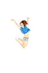 Fototapeta na wymiar Girl with blue shirt jumping