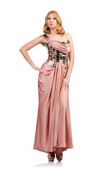 Woman in fashion clothing on white