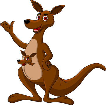 Pointing cartoon kangaroo and its baby Joey