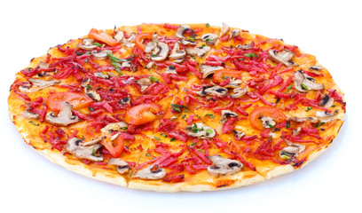 delicious pizza with vegetables and  salami isolated on white.