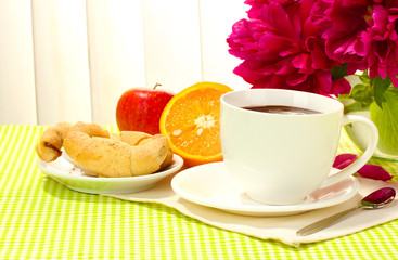 cup hot chocolate, apple, orange, cookies and flowers