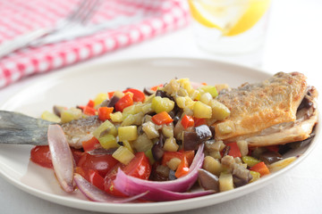 Roasted sea bass with vegetables
