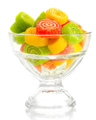 colorful jelly candies in glass bowl isolated on white.