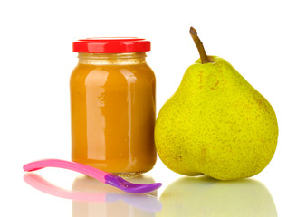 Jars with fruit baby food and pear isolated on white