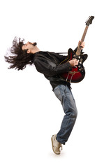 Young man playing guitar on white