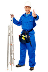 Repairman holding ladder and showing thumbs up