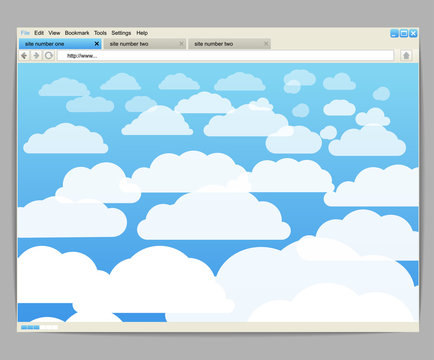 Opened browser window template with clouds