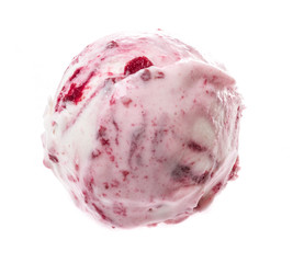 Scoop of strawberry ice cream from top on white background
