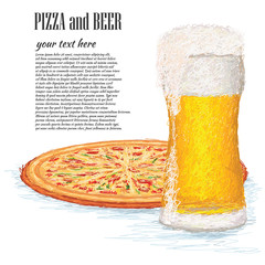 glass of ice cold beer and a whole pizza