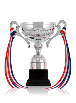 Silver trophy with ribbon