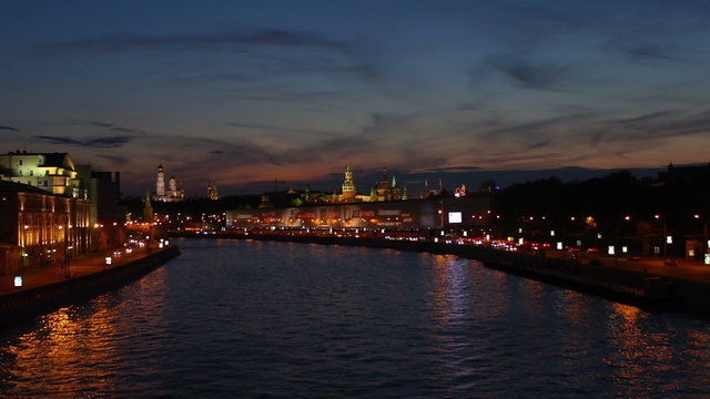 Time lapse evening city. Big ships traffic on Moscow river
