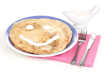 Stack of tasty pancakes isolated on white