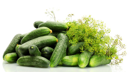 fresh cucumbers and dill  isolated on white