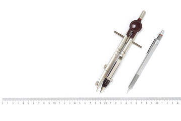 Fototapeta premium Aluminum pencil, drawing compass and ruler on white background