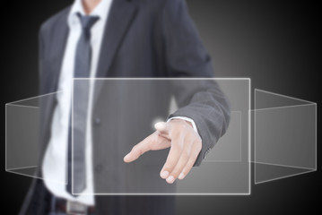 Businessman pushing Button on the whiteboard.