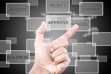 Hand Holding Approve word Button.