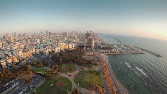 Time lapse Tel Aviv beach coastline extreme wide angle