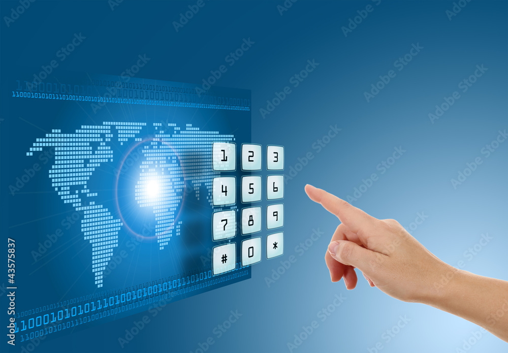 Aufkleber hand pushing touch screen button with blue background with map