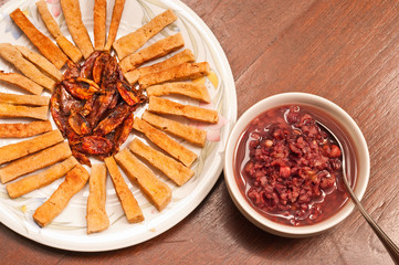 breakfast with brown rice fried tofu and fried squid