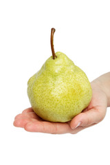 Beautiful woman's hand with a fresh pear, isolated on white.