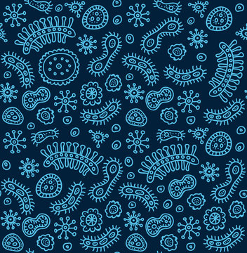 Seamless blue bacterium pattern. Vector