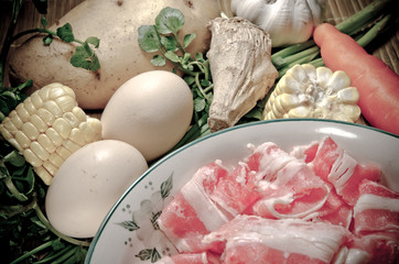 vegetables ingredient and fat beef slices