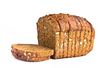 Delicious wholemeal baked bread isolated on white background