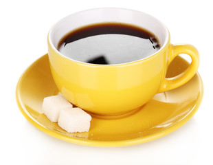 Yellow cup and saucer isolated on white