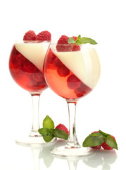 fruit jelly with raspberries in glasses isolated on white