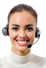 Support phone operator in headset, isolated